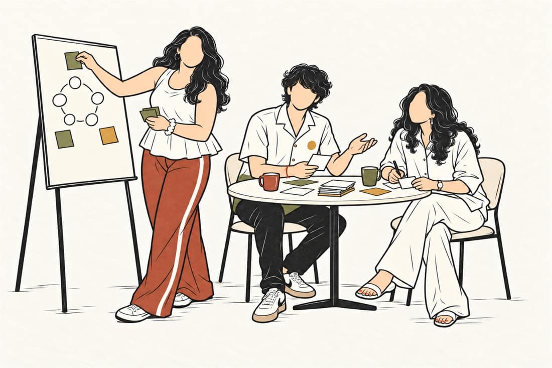 Illustration of three people at a workshop table and flip chart